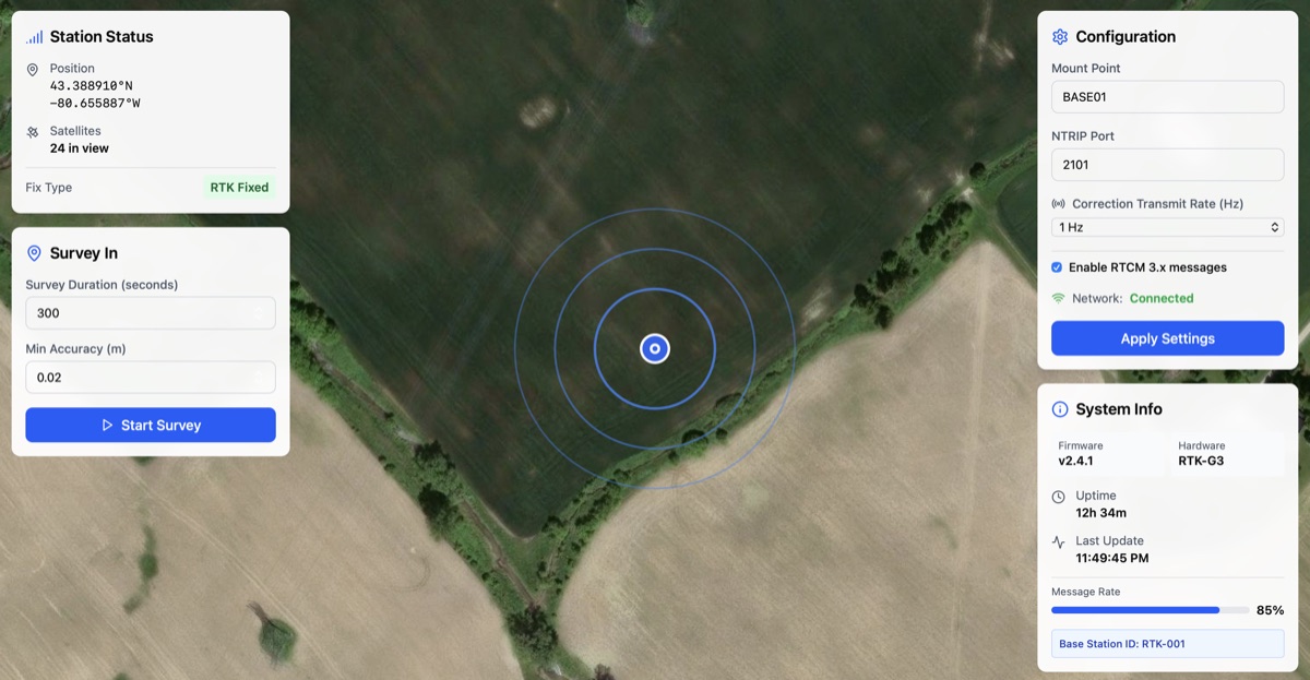 RTK GNSS Base admin panel showing station status, survey-in controls, and configuration