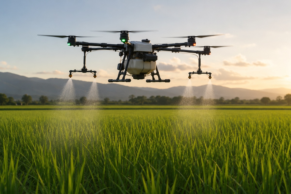 Agricultural drone in flight over farmland